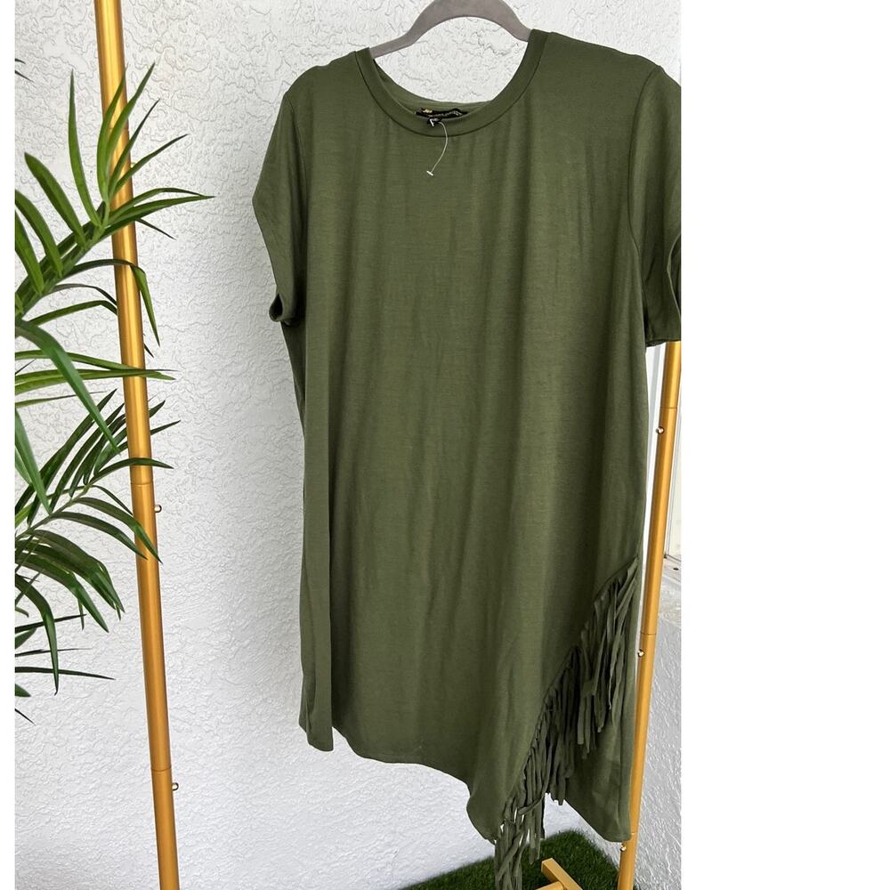 NWOT Serena Williams Signature Statement Olive Green Shift Dress Fringe